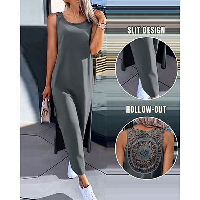 Women's Sleevelee Casual Scoop Neck Basic Split Maxi Tank Dress