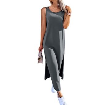 Women's Sleevelee Casual Scoop Neck Basic Split Maxi Tank Dress