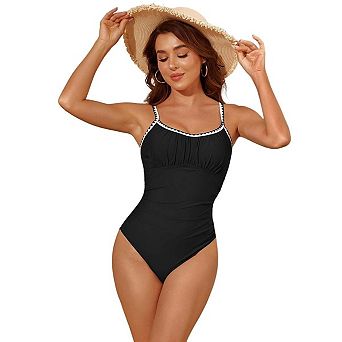 Seoria Women Ruched Front One Piece Swimsuit with Contrast Trim
