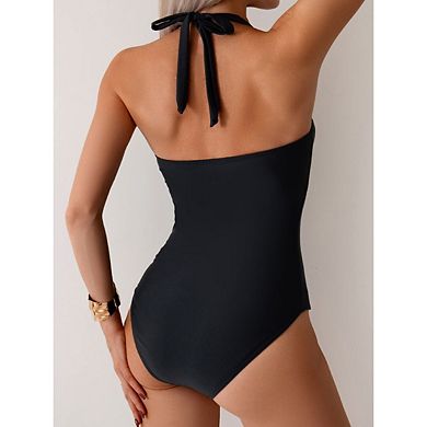 Women's Swimwear Halter One Piece Slimming Tie Backless Swimsuit Ruched Push Up Bathing Suit