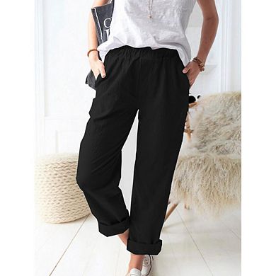 Women's Elastic Waist Pants, Casual Straight Leg Trousers with Pockets