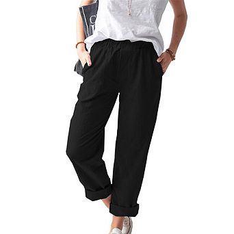 Women's Elastic Waist Pants, Casual Straight Leg Trousers with Pockets