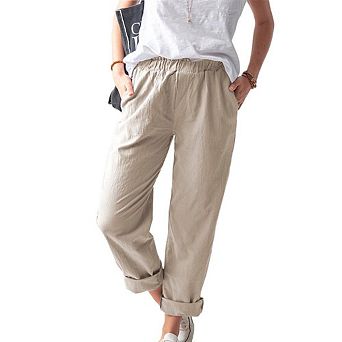 Women's Elastic Waist Pants, Casual Straight Leg Trousers with Pockets