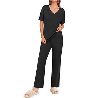 Ekouaer Women Two Piece Set Casual Summer Outfits Ribbed Short Sleeve & Matching for Travel Home