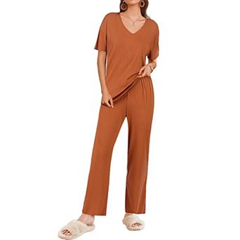 Ekouaer Women Two Piece Set Casual Summer Outfits Ribbed Short Sleeve & Matching for Travel Home
