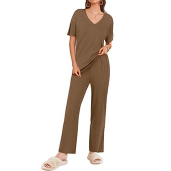 Ekouaer Women Two Piece Set Casual Summer Outfits Ribbed Short Sleeve & Matching for Travel Home