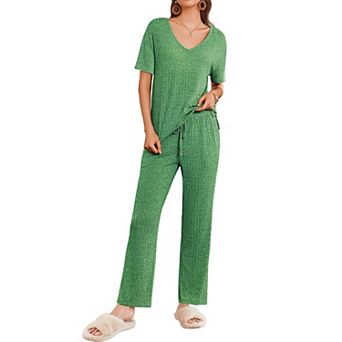 Ekouaer Women Two Piece Set Casual Summer Outfits Ribbed Short Sleeve & Matching for Travel Home