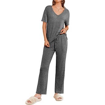 Ekouaer Women Two Piece Set Casual Summer Outfits Ribbed Short Sleeve & Matching for Travel Home
