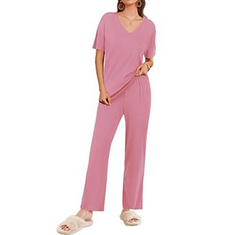 Ekouaer Women Two Piece Set Casual Summer Outfits Ribbed Short Sleeve & Matching for Travel Home