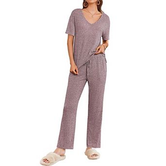 Ekouaer Women Two Piece Set Casual Summer Outfits Ribbed Short Sleeve & Matching for Travel Home