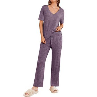 Ekouaer Women Two Piece Set Casual Summer Outfits Ribbed Short Sleeve & Matching for Travel Home