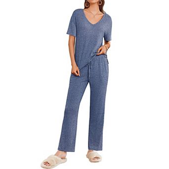 Ekouaer Women Two Piece Set Casual Summer Outfits Ribbed Short Sleeve & Matching for Travel Home
