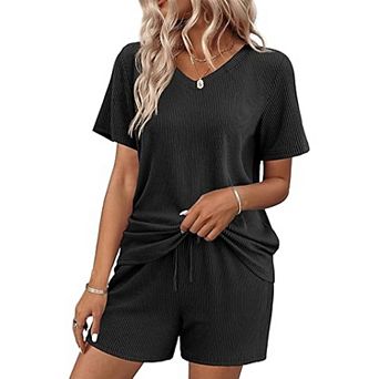 Ekouaer Womens Pajama Sets Knit Lounge Set Two Piece Pj for Women V Neck Casual Loungewear
