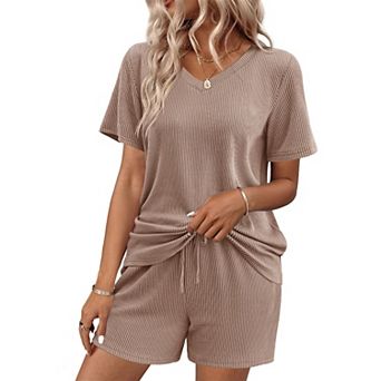 Ekouaer Womens Pajama Sets Knit Lounge Set Two Piece Pj for Women V Neck Casual Loungewear