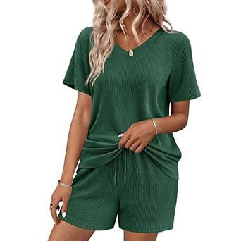 Ekouaer Womens Pajama Sets Knit Lounge Set Two Piece Pj for Women V Neck Casual Loungewear