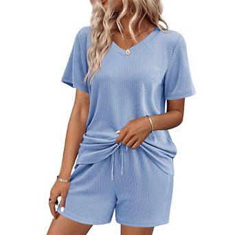 Ekouaer Womens Pajama Sets Knit Lounge Set Two Piece Pj for Women V Neck Casual Loungewear