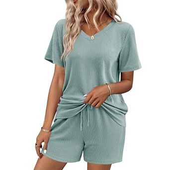Ekouaer Womens Pajama Sets Knit Lounge Set Two Piece Pj for Women V Neck Casual Loungewear