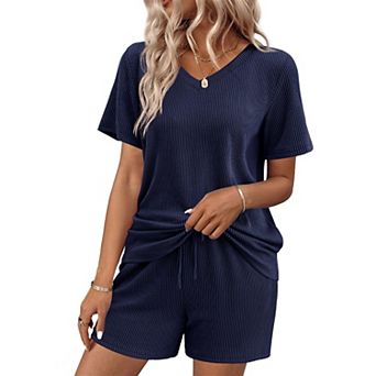 Ekouaer Womens Pajama Sets Knit Lounge Set Two Piece Pj for Women V Neck Casual Loungewear