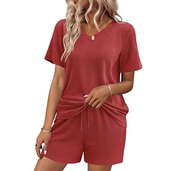 Ekouaer Womens Pajama Sets Knit Lounge Set Two Piece Pj for Women V Neck Casual Loungewear
