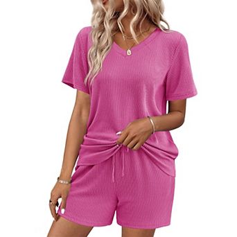 Ekouaer Womens Pajama Sets Knit Lounge Set Two Piece Pj for Women V Neck Casual Loungewear