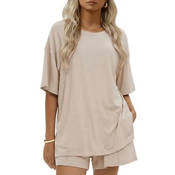 Ekouaer Womens Cotton Two Pieces Short Sets Summer Short Sleeve Outfits Casual Matching Lounge Set