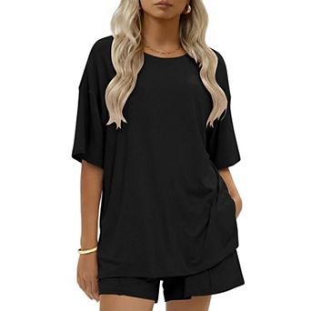 Ekouaer Womens Cotton Two Pieces Short Sets Summer Short Sleeve Outfits Casual Matching Lounge Set