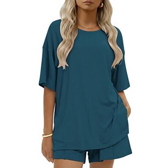 Ekouaer Womens Cotton Two Pieces Short Sets Summer Short Sleeve Outfits Casual Matching Lounge Set
