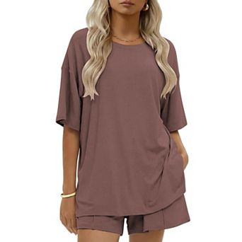 Ekouaer Womens Cotton Two Pieces Short Sets Summer Short Sleeve Outfits Casual Matching Lounge Set