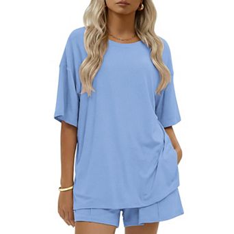Ekouaer Womens Cotton Two Pieces Short Sets Summer Short Sleeve Outfits Casual Matching Lounge Set