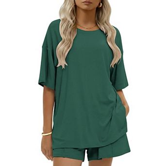 Ekouaer Womens Cotton Two Pieces Short Sets Summer Short Sleeve Outfits Casual Matching Lounge Set