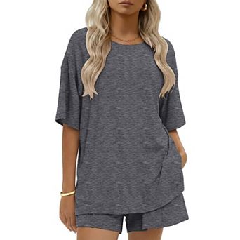 Ekouaer Womens Cotton Two Pieces Short Sets Summer Short Sleeve Outfits Casual Matching Lounge Set