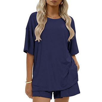 Ekouaer Womens Cotton Two Pieces Short Sets Summer Short Sleeve Outfits Casual Matching Lounge Set
