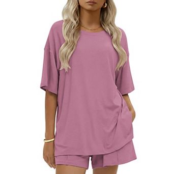 Ekouaer Womens Cotton Two Pieces Short Sets Summer Short Sleeve Outfits Casual Matching Lounge Set