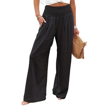 Women's High Waist Wide Leg Pants Casual Smocked Waist Flowy Trousers