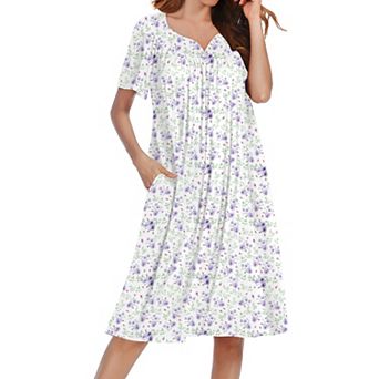 Ekouaer Nightgowns Short Sleeve House Dress Moomoo Pleated Mumu Dresses V Neck Sleepwear