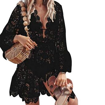 Women's Lace Bathing Suit Cover Up V-Neck Swimsuit Beachwear Long Sleeve Mini Dress