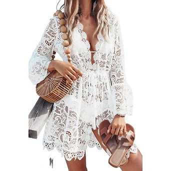 Women's Lace Bathing Suit Cover Up V-Neck Swimsuit Beachwear Long Sleeve Mini Dress