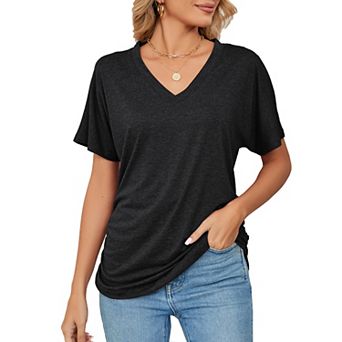 Women V Neck Tunic Tops Short Sleeve T shirts Side Shirring Ruched Blouse shirts