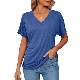 Women V Neck Tunic Tops Short Sleeve T shirts Side Shirring Ruched Blouse shirts