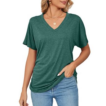 Women V Neck Tunic Tops Short Sleeve T shirts Side Shirring Ruched Blouse shirts