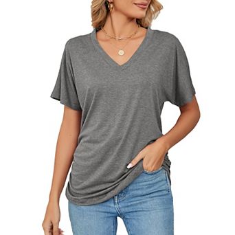 Women V Neck Tunic Tops Short Sleeve T shirts Side Shirring Ruched Blouse shirts