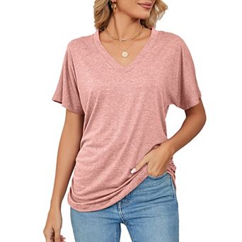 Women V Neck Tunic Tops Short Sleeve T shirts Side Shirring Ruched Blouse shirts