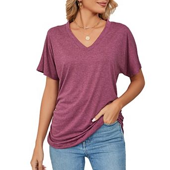 Women V Neck Tunic Tops Short Sleeve T shirts Side Shirring Ruched Blouse shirts