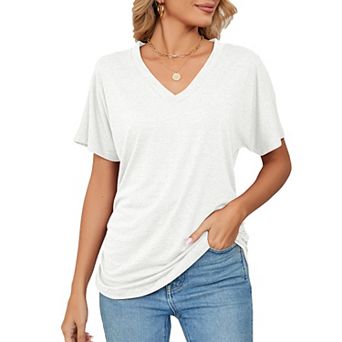 Women V Neck Tunic Tops Short Sleeve T shirts Side Shirring Ruched Blouse shirts