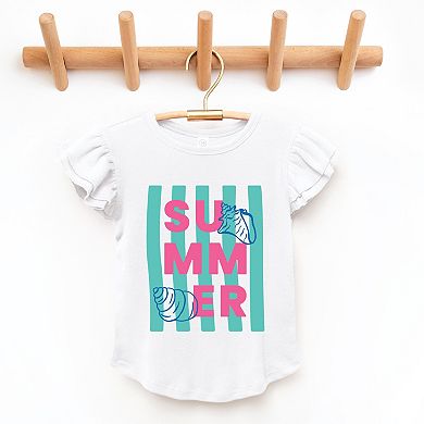 Summer Stripes Seashells - Flutter Sleeve Graphic T-Shirt