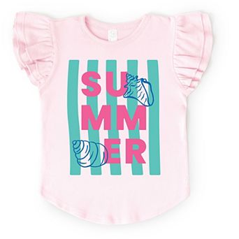 Summer Stripes Seashells - Flutter Sleeve Graphic T-Shirt