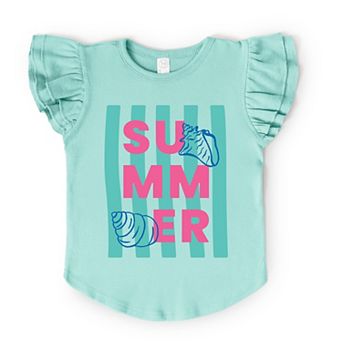 Summer Stripes Seashells - Flutter Sleeve Graphic T-Shirt