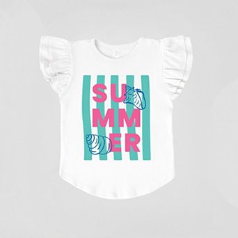 Summer Stripes Seashells - Flutter Sleeve Graphic T-Shirt