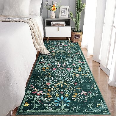 Botanical Non-Slip Area Rug Vintage Floral Machine Washable Carpet for Nursery