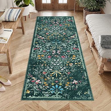 Botanical Non-Slip Area Rug Vintage Floral Machine Washable Carpet for Nursery